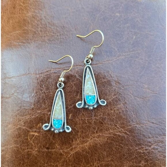 Sterling Silver & Crushed Turquoise/Mother of Pearl Inlay Dangle Earrings - Picture 1 of 7